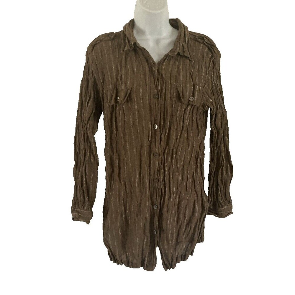 Chico’s Brown Metallic Crinkle Shirt Button Down Size 2 (L) Long Sleeve Tunic - Picture 2 of 8